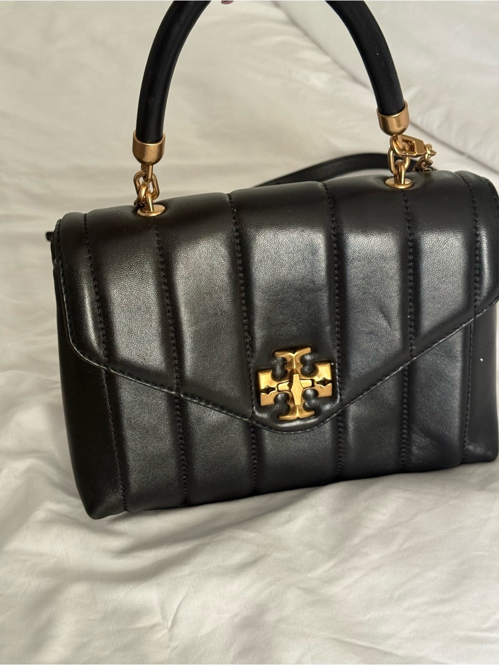 Tory Burch Black Quilted Leather Top-Handle Satchel with Gold Hardware